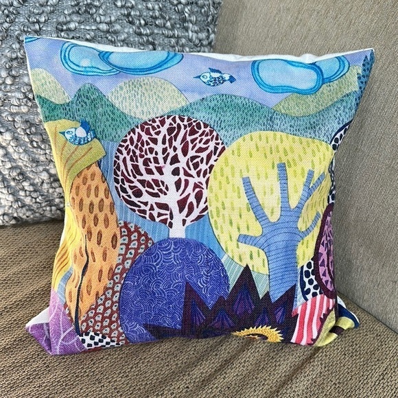 Other - Art Deco contemporary forest tree and bird square multicolored Pillow Cover